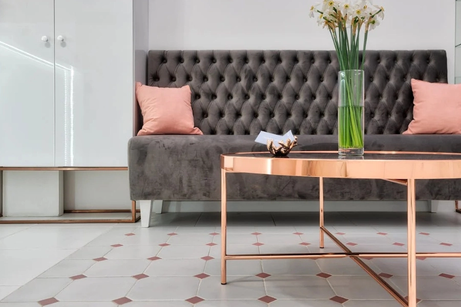 Stylish interior design featuring a metal tile and a modern sofa.