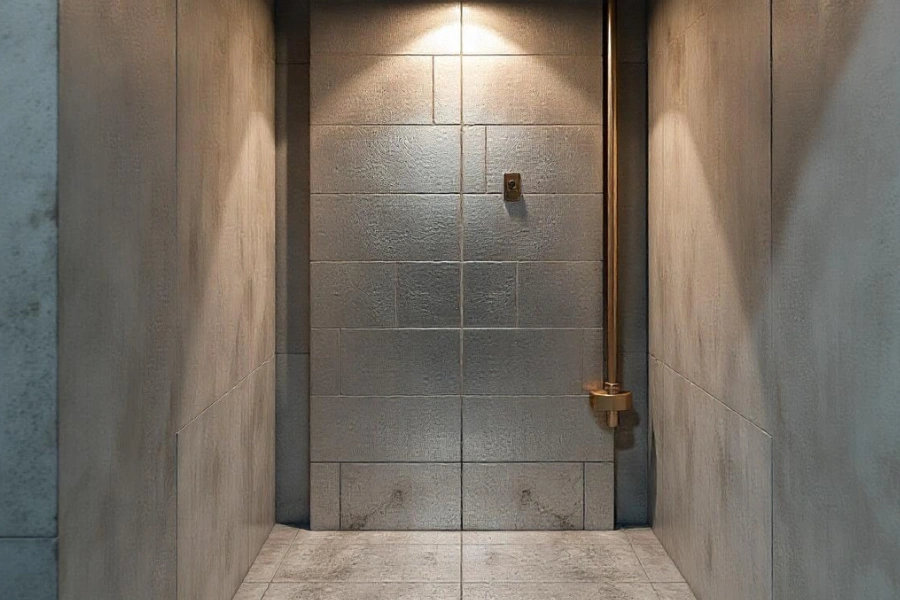 A textured metallic tile in an industrial-style shower room.
