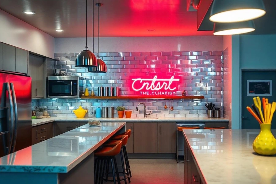 a metallic tile in a contemporary kitchen with an island