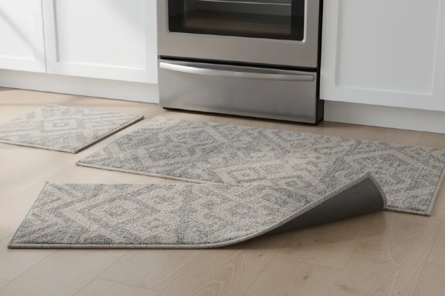 the image features a collection of stylish washable kitchen rugs designed for high traffic areas