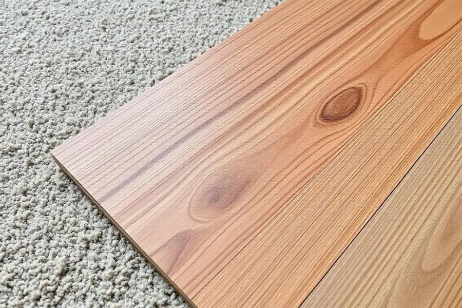 An SPC flooring sample with a detailed wood grain texture.