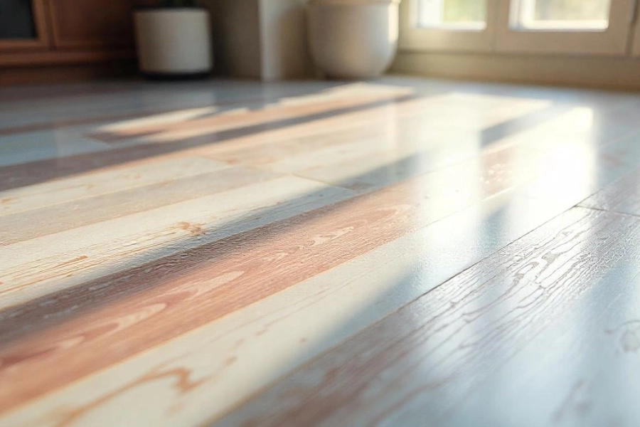 An SPC flooring material displaying a smooth, glossy finish, highlighting the intricate patterns and colors.