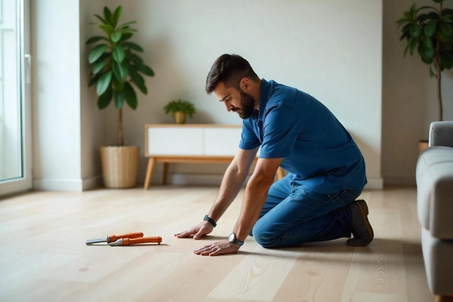 IKFS flooring expert installing an SPC flooring in a modern living room.