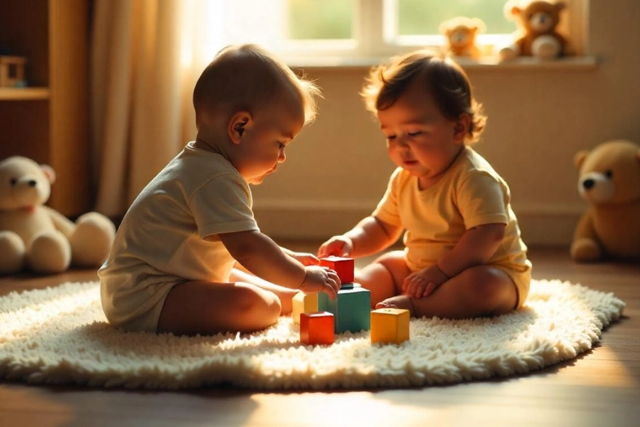 Two babies playing on a dark SPC flooring.