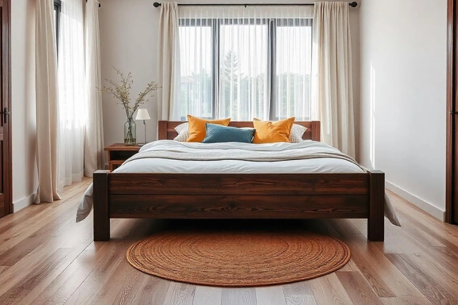 SPC flooring applied in a bedroom with a large bed made of dark wood.