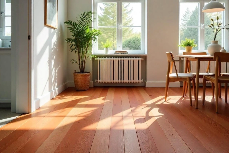 An image of cherry hardwood floors with a rich reddish hue.