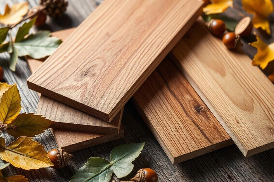 An artistic arrangement of red oak and white oak hardwood samples on a wooden table.