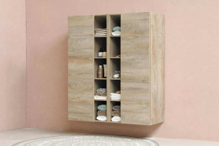 wood bathroom storage cabinet with open shelves and bottles