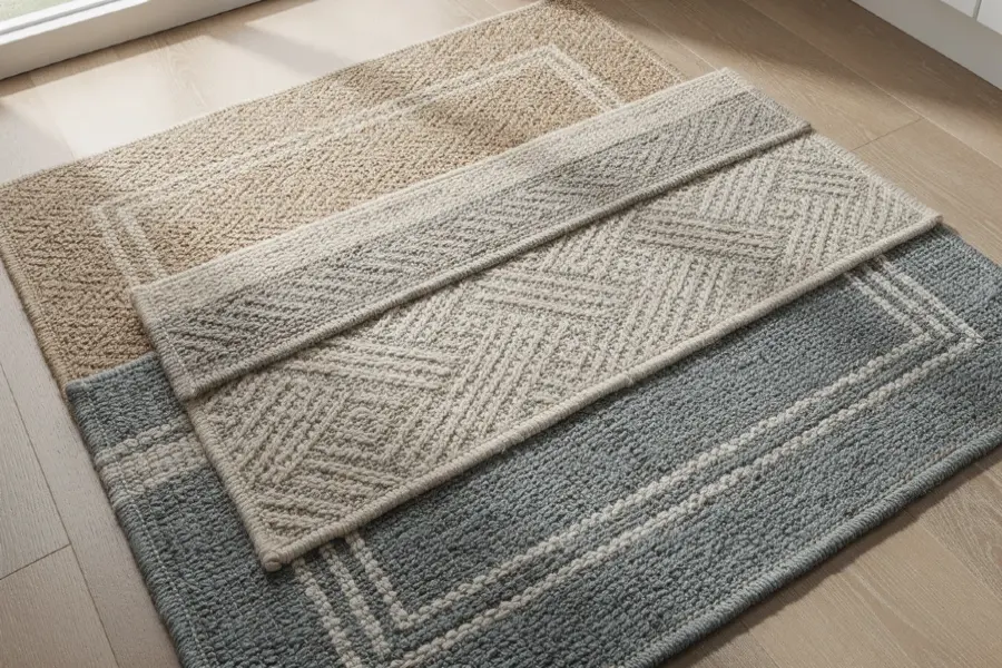 a close up view of stylish kitchen rugs