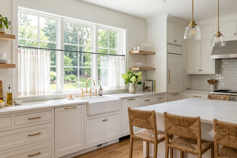 bright kitchen with cafe curtains