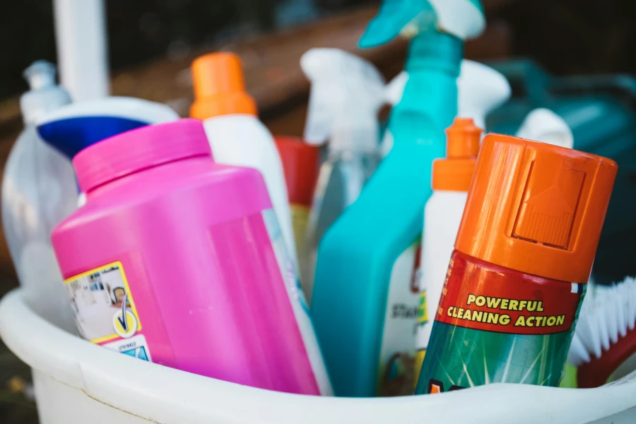 cleaning supplies in a bucket