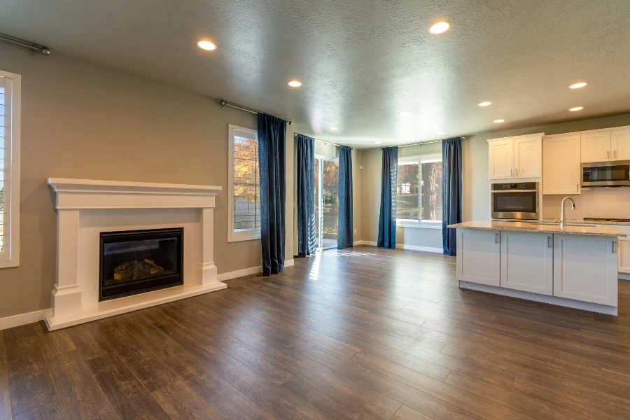 kitchen and living room area with vinyl plank flooring