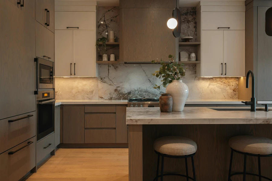 marble backsplash up to ceiling