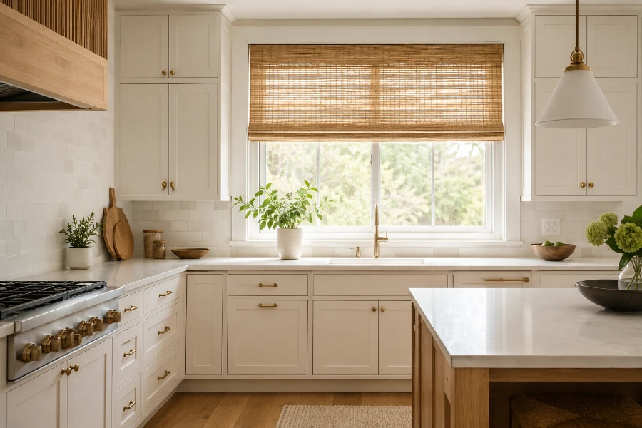 modern kitchen with roman blinds