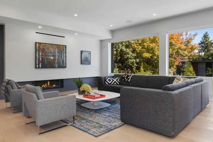 modern living room with engineered hardwood flooring