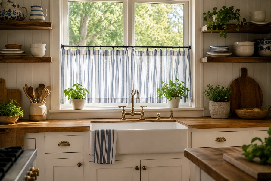 rustic kitchen with striped cafe curtains