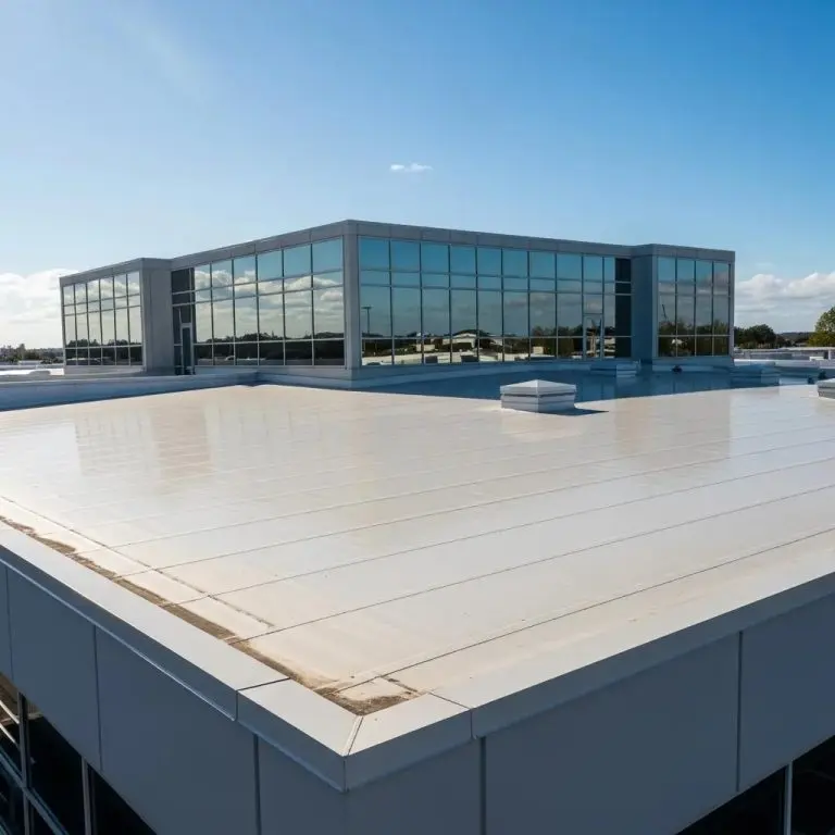 Commercial building with a well maintained roof under a clear blue sky