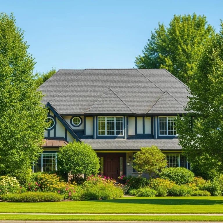 Residential home with a well maintained roof under a clear blue sky