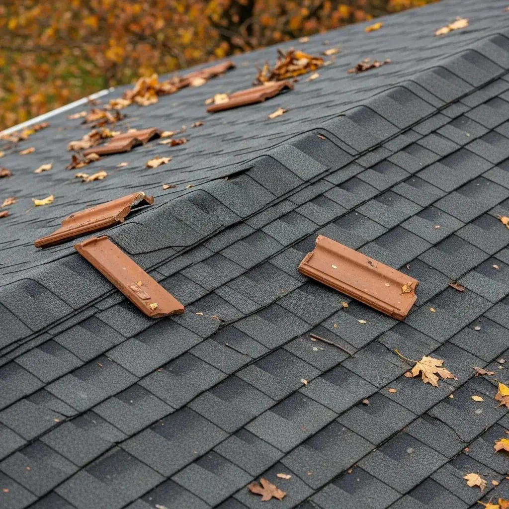 Close-up of a damaged roof showing missing tiles and fallen leaves, indicating potential storm damage and the need for inspection and repair in Fort Worth.