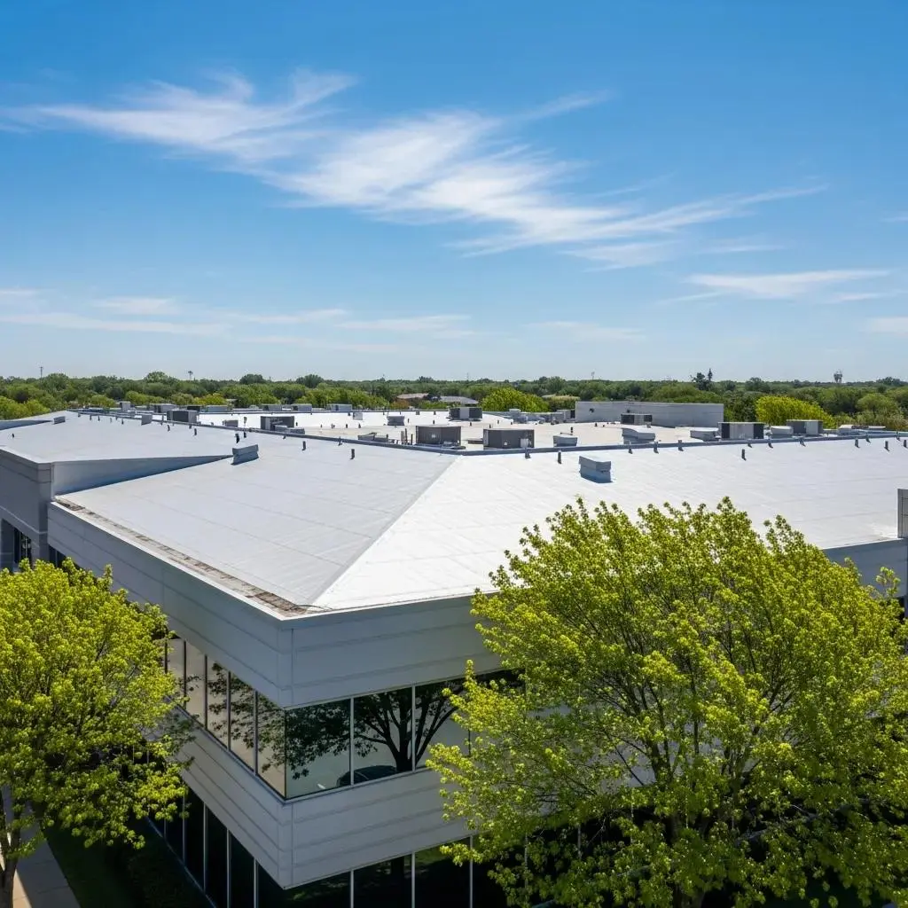 TPO roofing on a commercial building in Fort Worth, showcasing energy-efficient design and installation, surrounded by green trees and clear blue sky.