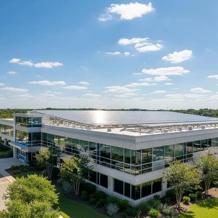 Commercial building in Fort Worth with a cool roof reflecting sunlight, showcasing energy efficiency and sustainable design.