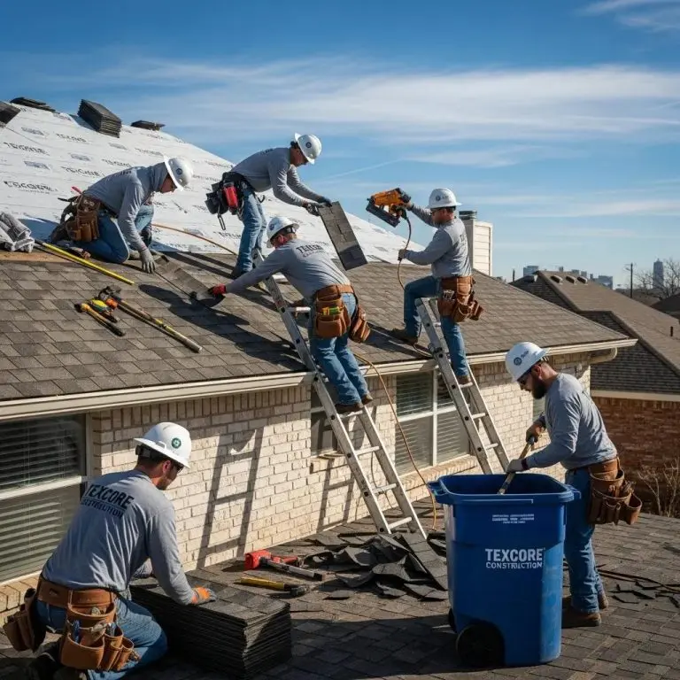 Texcore construction team repairing a residential roof in Fort Worth showcasing quality roofing services