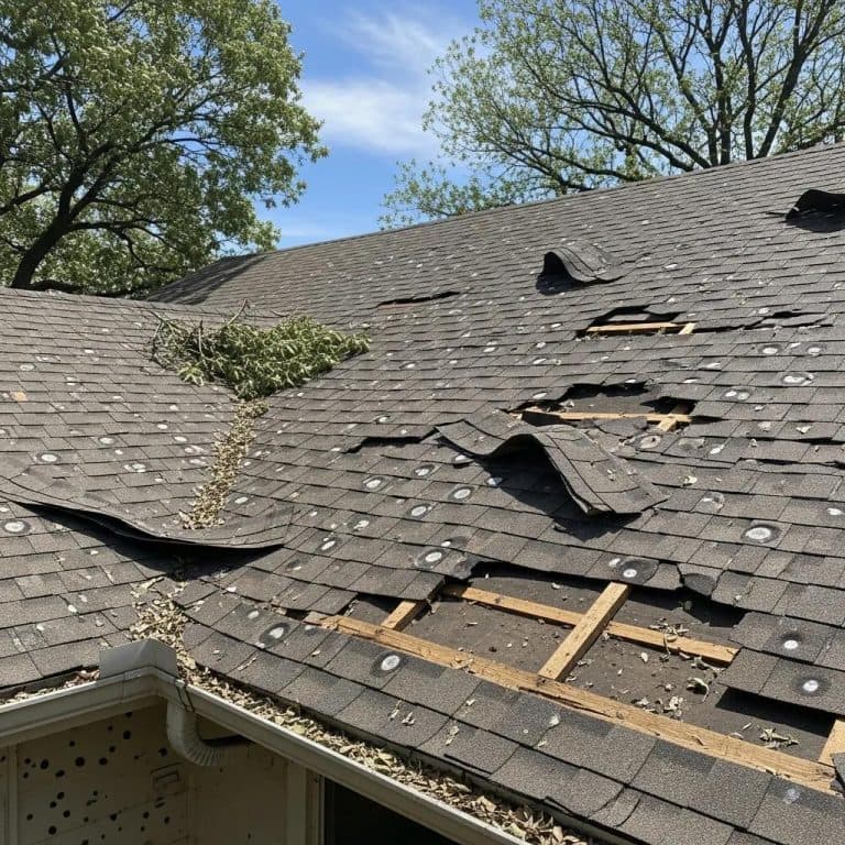 Fort Worth roof with visible hail and wind damage showcasing dents and missing shingles