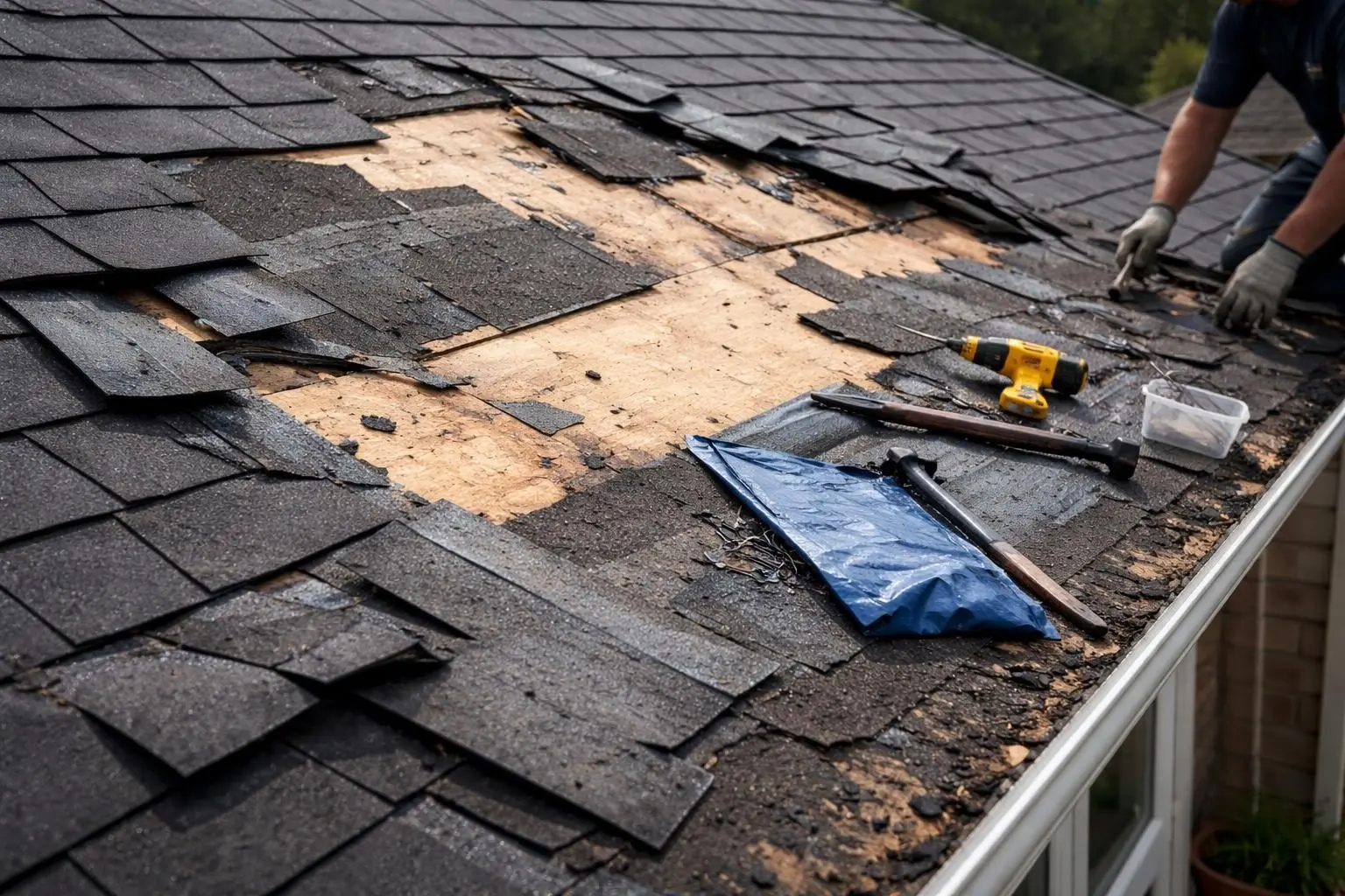 Wind-damaged roof with missing shingles, exposed plywood, and repair tools including a drill and hammer, illustrating the process of wind damage roof repair.