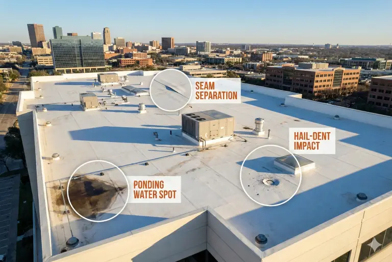 Fort Worth commercial roofing inspection &mdash; flat roof with seam separation, ponding water, and hail impact callouts