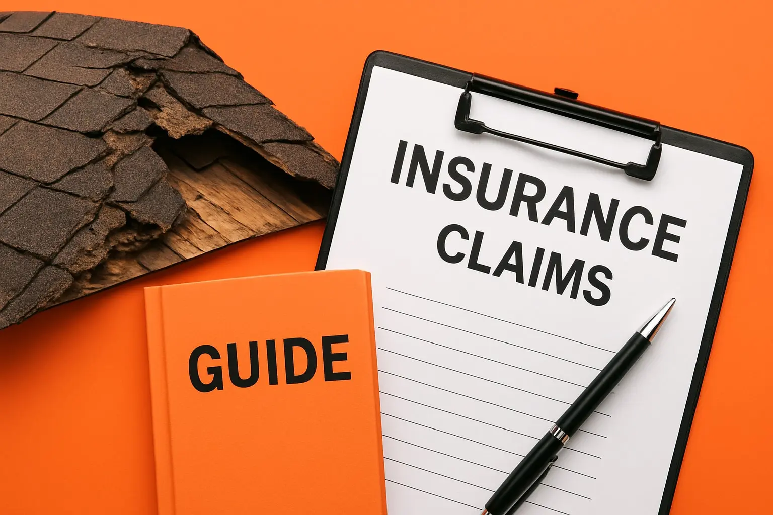 Guide to insurance claims for roof damage, clipboard with "INSURANCE CLAIMS" text, damaged roof shingles, orange background.