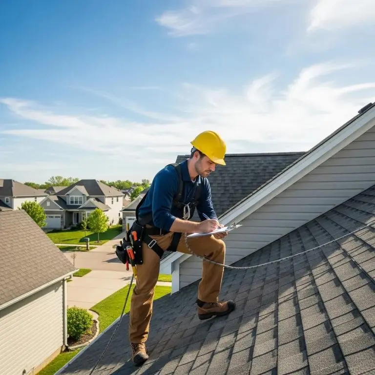 Professional roofing contractor inspecting a residential roof showcasing expertise and reliability