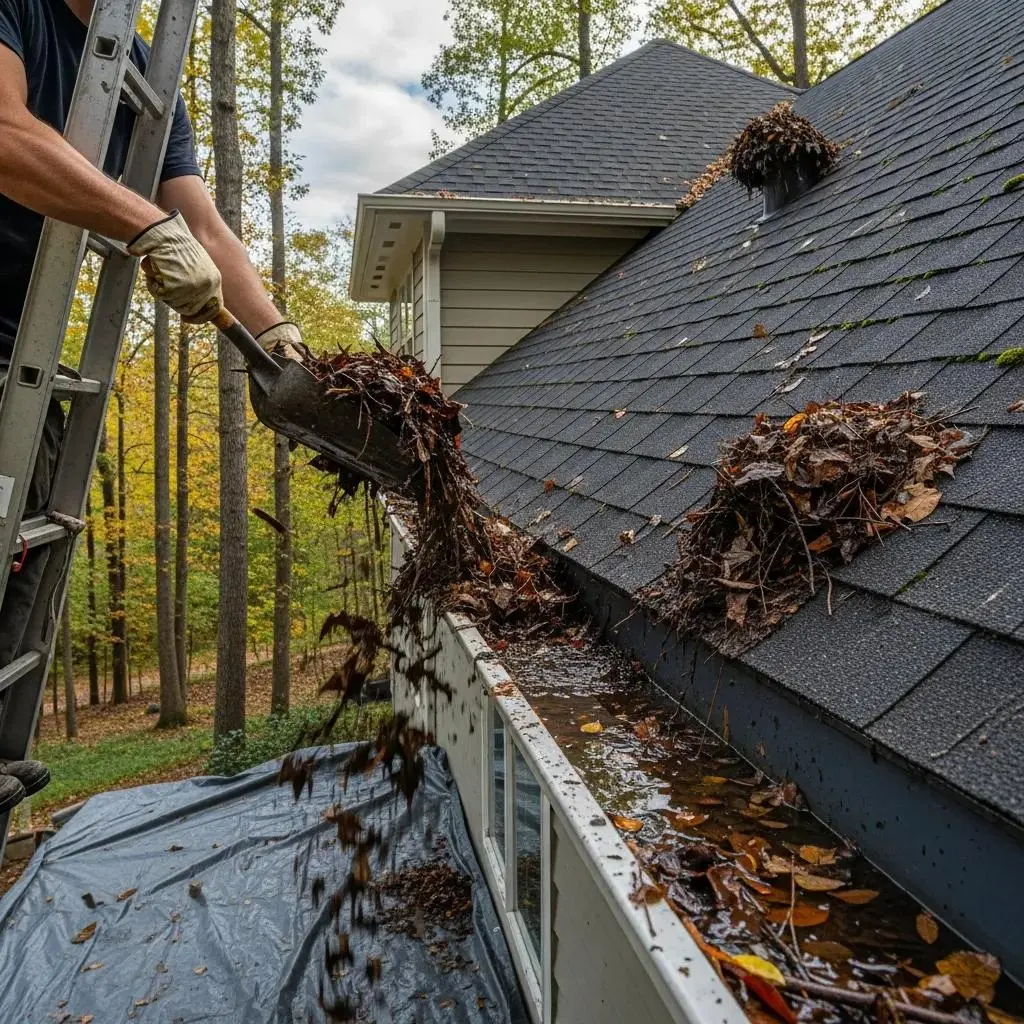 Person cleaning gutters to prevent water damage, emphasizing the importance of regular maintenance for roof longevity in Fort Worth, Texas.