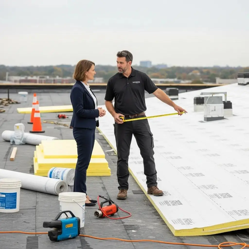 Contractor discussing TPO roofing installation costs with a client on a commercial rooftop, measuring materials with a tape measure, surrounded by roofing supplies and equipment.
