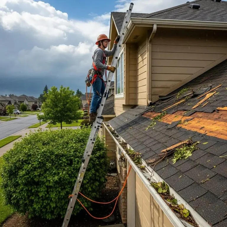 Homeowner inspecting roof damage after a storm with safety gear and ladder
