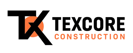Texcore Construction logo featuring a black intersecting 'TX' monogram over an orange circle.