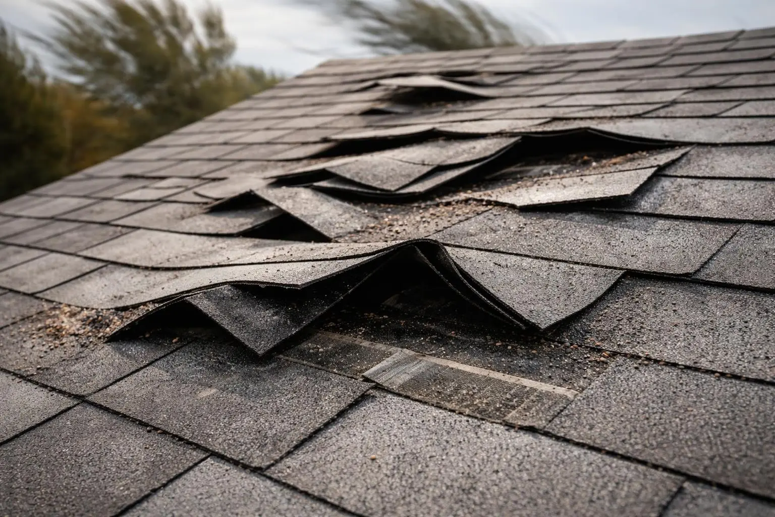 Wind-damaged asphalt shingles lifting and curling on a roof, illustrating common signs of roofing vulnerabilities due to wind exposure.