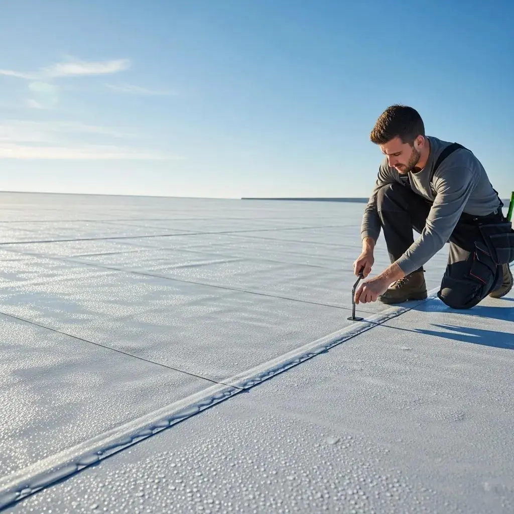 Man installing TPO roofing membrane on a commercial flat roof, showcasing its reflective surface and durability under clear blue sky.