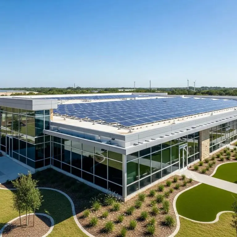 Texas commercial building with energy-efficient roofing under a clear blue sky