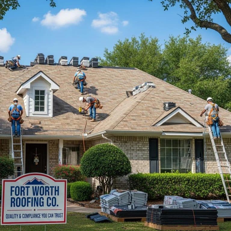 Roofing crew working on residential roof installation in Fort Worth, Texas, featuring new shingles and a company sign reading "Fort Worth Roofing Co." with a tagline on quality and compliance.
