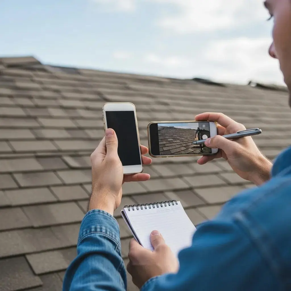 Homeowner documenting roof damage with smartphone for insurance claims, taking notes on shingles after storm.