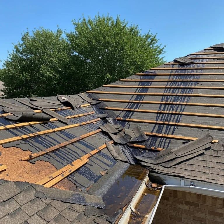 Storm-damaged roof in Fort Worth with visible damage and clear blue sky