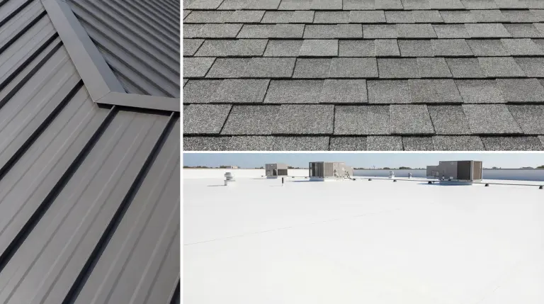 Collage of roofing materials featuring metal panels, asphalt shingles, and a flat TPO roof, showcasing diverse options for roofing solutions by Texcore Construction.