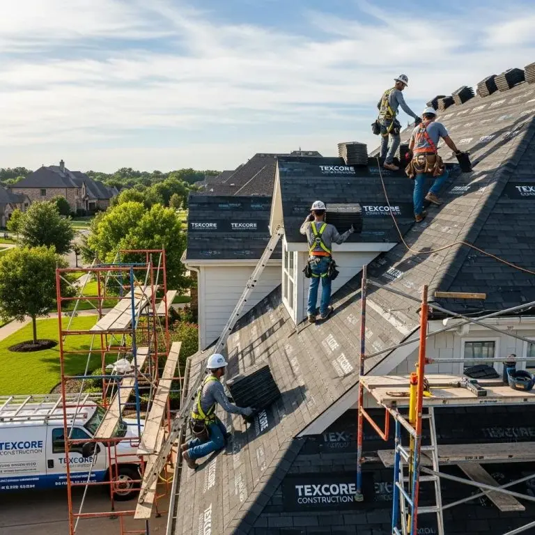 Texcore construction roofing team working on a residential roof in Fort Worth