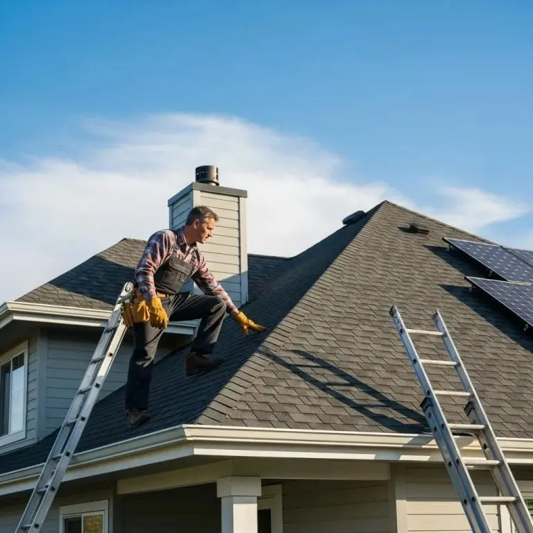 Homeowner inspecting a well maintained roof under a clear blue sky