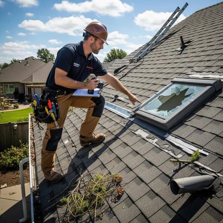 Professional roofing contractor assessing storm damage on a residential roof