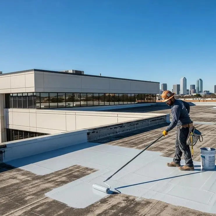 Worker applying commercial roof coating on a flat roof in Fort Worth, Texas, with a clear blue sky and city skyline in the background.