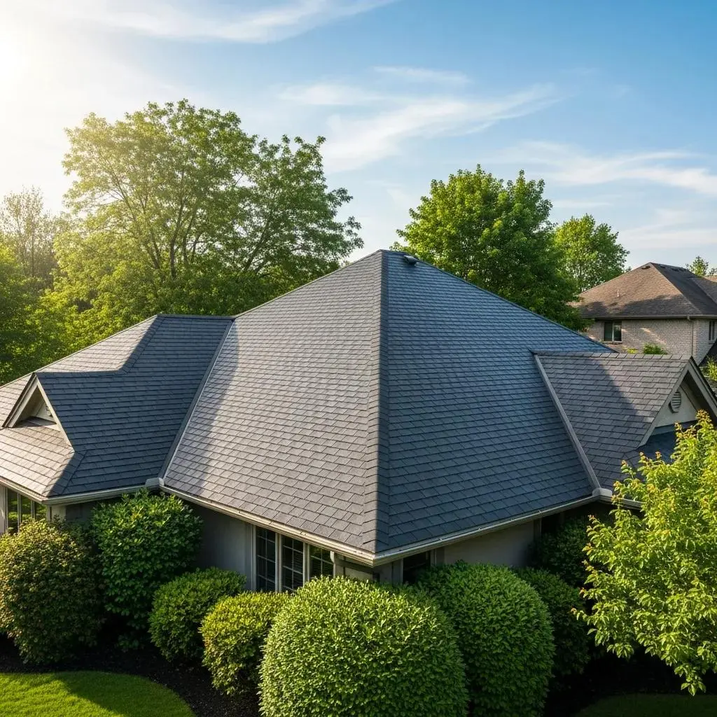 Well-maintained roof in a suburban setting, showcasing the importance of roof maintenance and longevity, surrounded by lush greenery.
