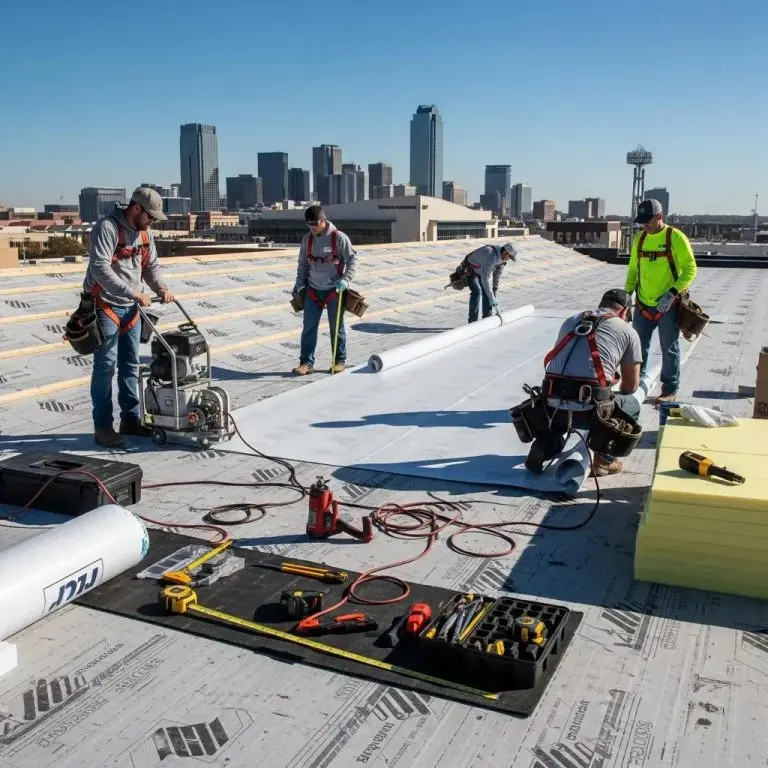 Commercial roofing installation in Fort Worth highlighting skilled workers and quality materials