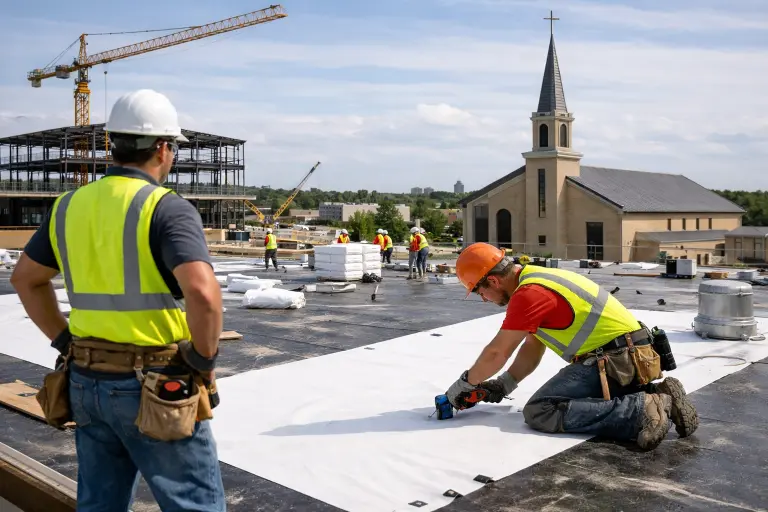 Construction workers installing roofing materials on a commercial building in Fort Worth, showcasing Texcore Construction's expertise in roofing services.