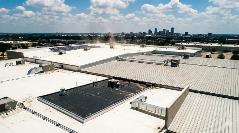 Aerial view of commercial roofing systems in Fort Worth, showcasing white and black roofing materials with HVAC units and solar panels, against a backdrop of the city skyline.